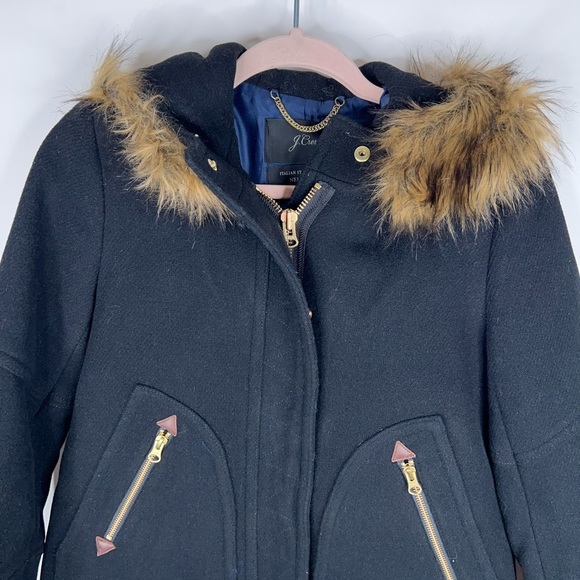 J Crew Black Wool Coat Italian Stadium Cloth Hooded Classic Winter Black Size 4 - Picture 2 of 9